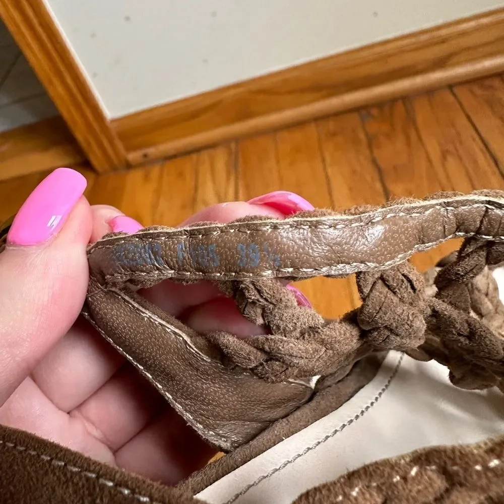 Prada wedges braised‎ rope 100% leather suede beige tan woven Sandal size 9.5